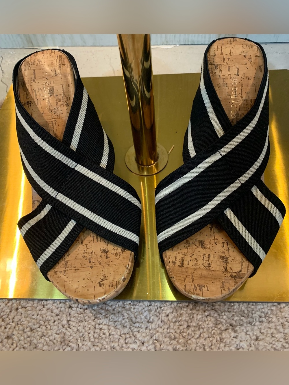 Montego Bay Club Black and White Crisscross Cork Wedge Sandals